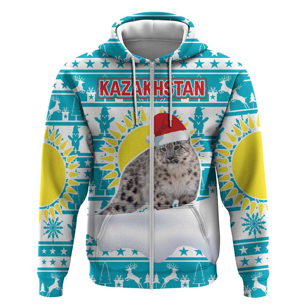 Kazakhstan Christmas Zip Hoodie with Snow Leopard in Santa Hat Blue and Yellow Reindeer Snowflake - Wonder Print Shop