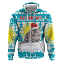 Kazakhstan Christmas Zip Hoodie with Snow Leopard in Santa Hat Blue and Yellow Reindeer Snowflake - Wonder Print Shop