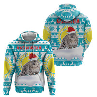 Kazakhstan Christmas Zip Hoodie with Snow Leopard in Santa Hat Blue and Yellow Reindeer Snowflake - Wonder Print Shop