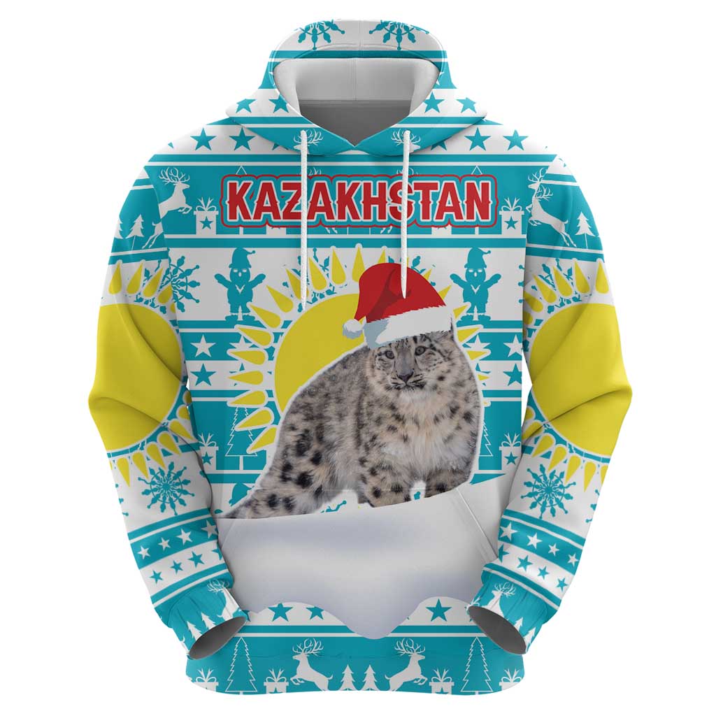 Kazakhstan Christmas Zip Hoodie with Snow Leopard in Santa Hat Blue and Yellow Reindeer Snowflake - Wonder Print Shop