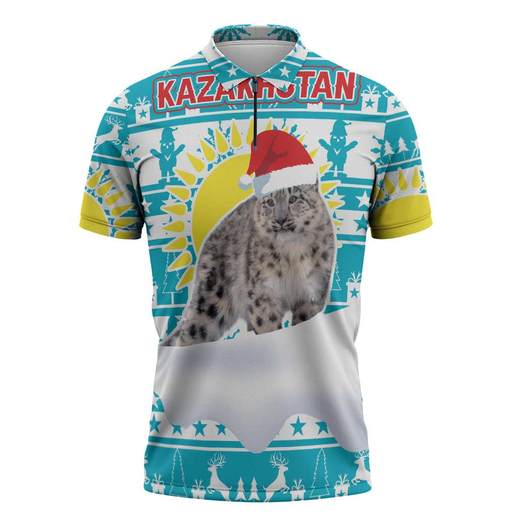 Kazakhstan Christmas Zipper Polo Shirt with Snow Leopard in Santa Hat Blue and Yellow Reindeer Snowflake - Wonder Print Shop