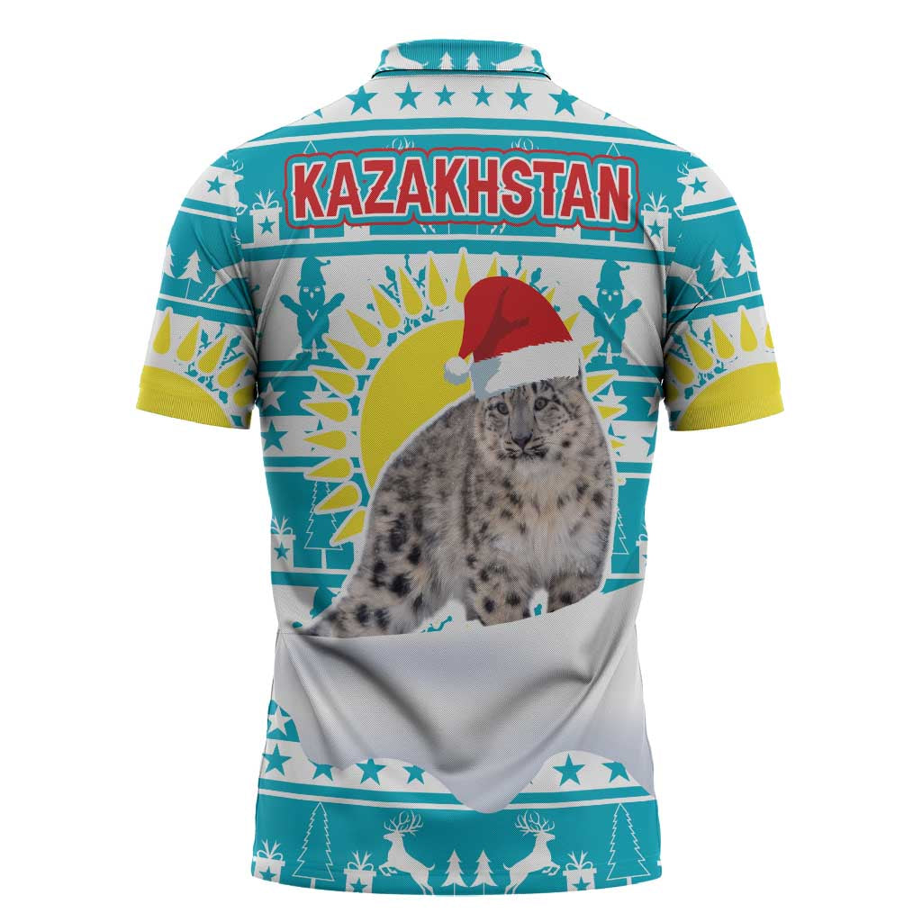 Kazakhstan Christmas Zipper Polo Shirt with Snow Leopard in Santa Hat Blue and Yellow Reindeer Snowflake - Wonder Print Shop