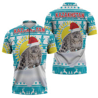 Kazakhstan Christmas Zipper Polo Shirt with Snow Leopard in Santa Hat Blue and Yellow Reindeer Snowflake - Wonder Print Shop