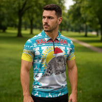 Kazakhstan Christmas Zipper Polo Shirt with Snow Leopard in Santa Hat Blue and Yellow Reindeer Snowflake - Wonder Print Shop