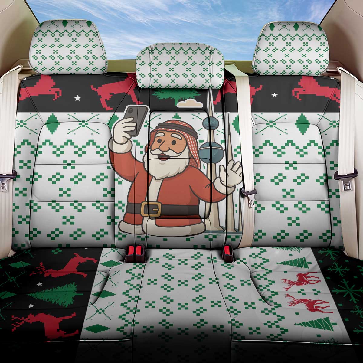 Kuwait Christmas Back Car Seat Cover with Santa Taking Selfie Kuwait Towers Reindeer and Snowflake - Wonder Print Shop