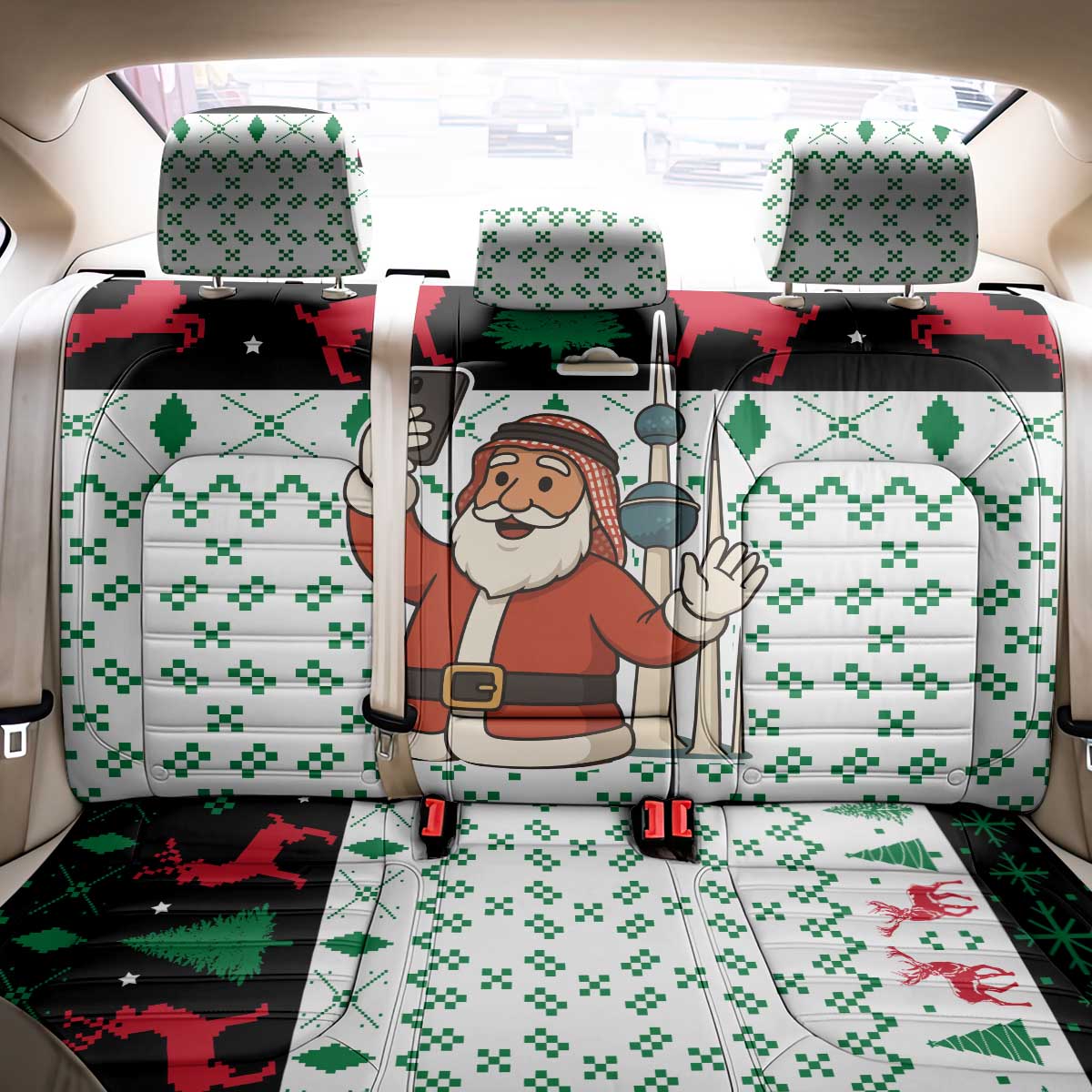 Kuwait Christmas Back Car Seat Cover with Santa Taking Selfie Kuwait Towers Reindeer and Snowflake - Wonder Print Shop