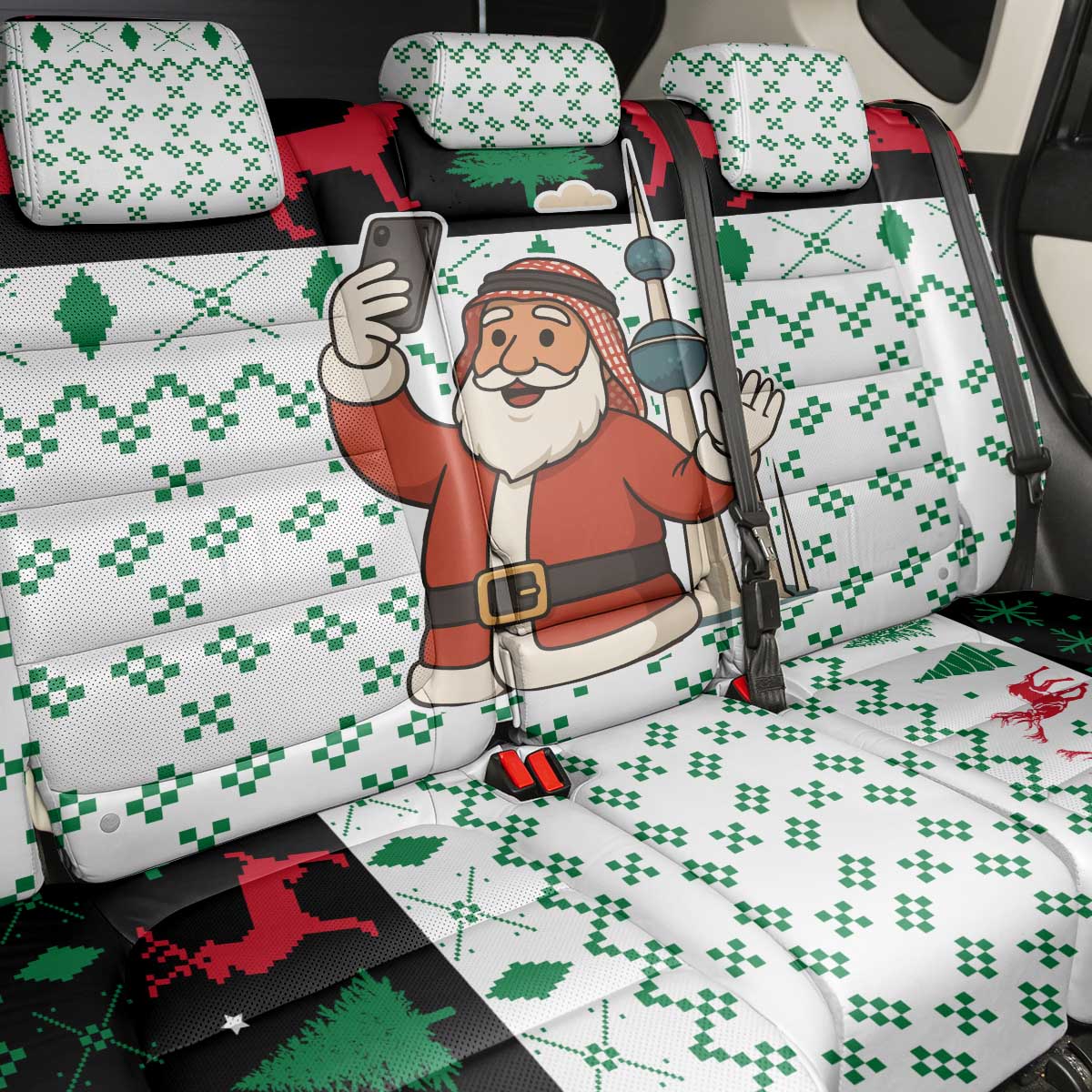 Kuwait Christmas Back Car Seat Cover with Santa Taking Selfie Kuwait Towers Reindeer and Snowflake - Wonder Print Shop