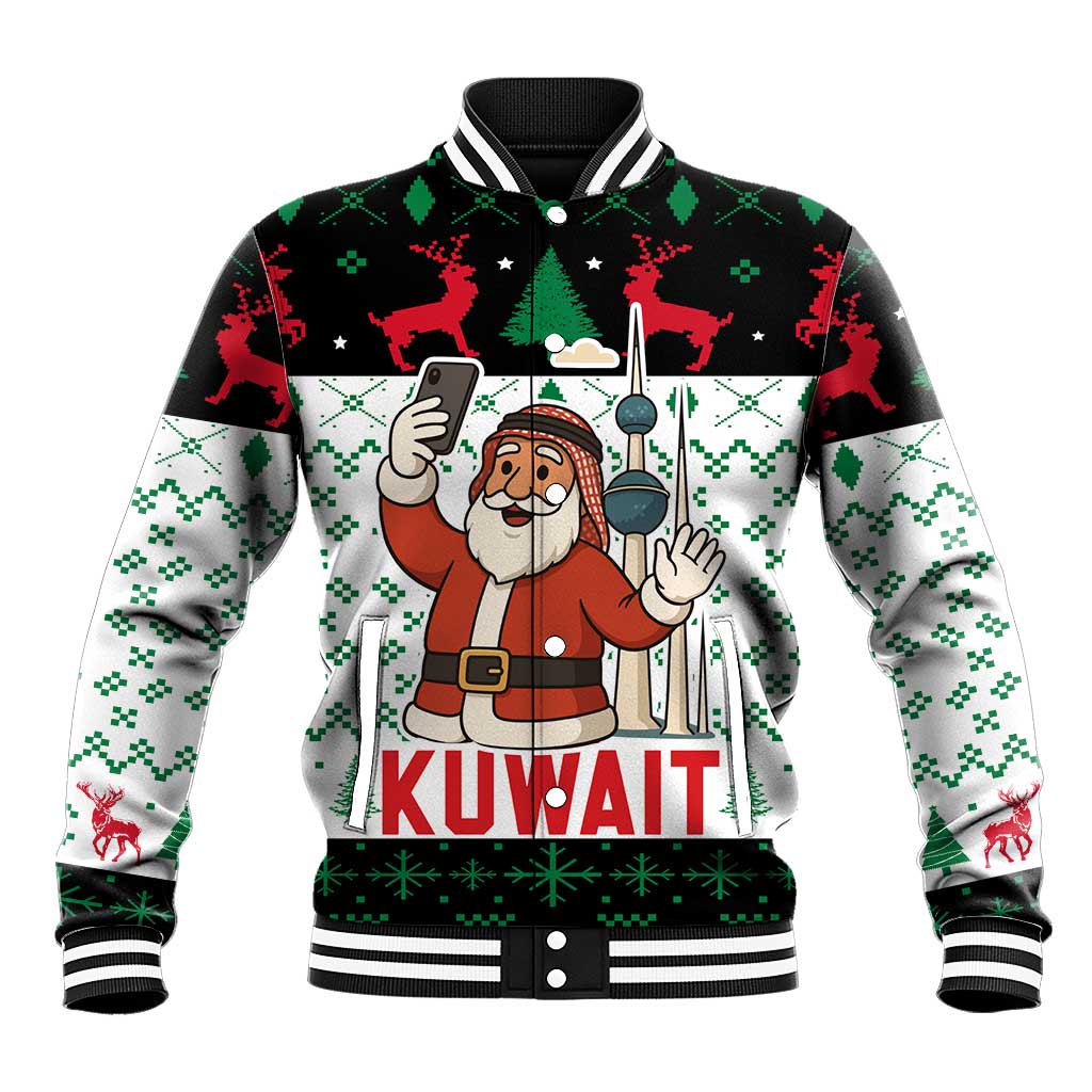 Kuwait Christmas Baseball Jacket with Santa Taking Selfie Kuwait Towers Reindeer and Snowflake - Wonder Print Shop
