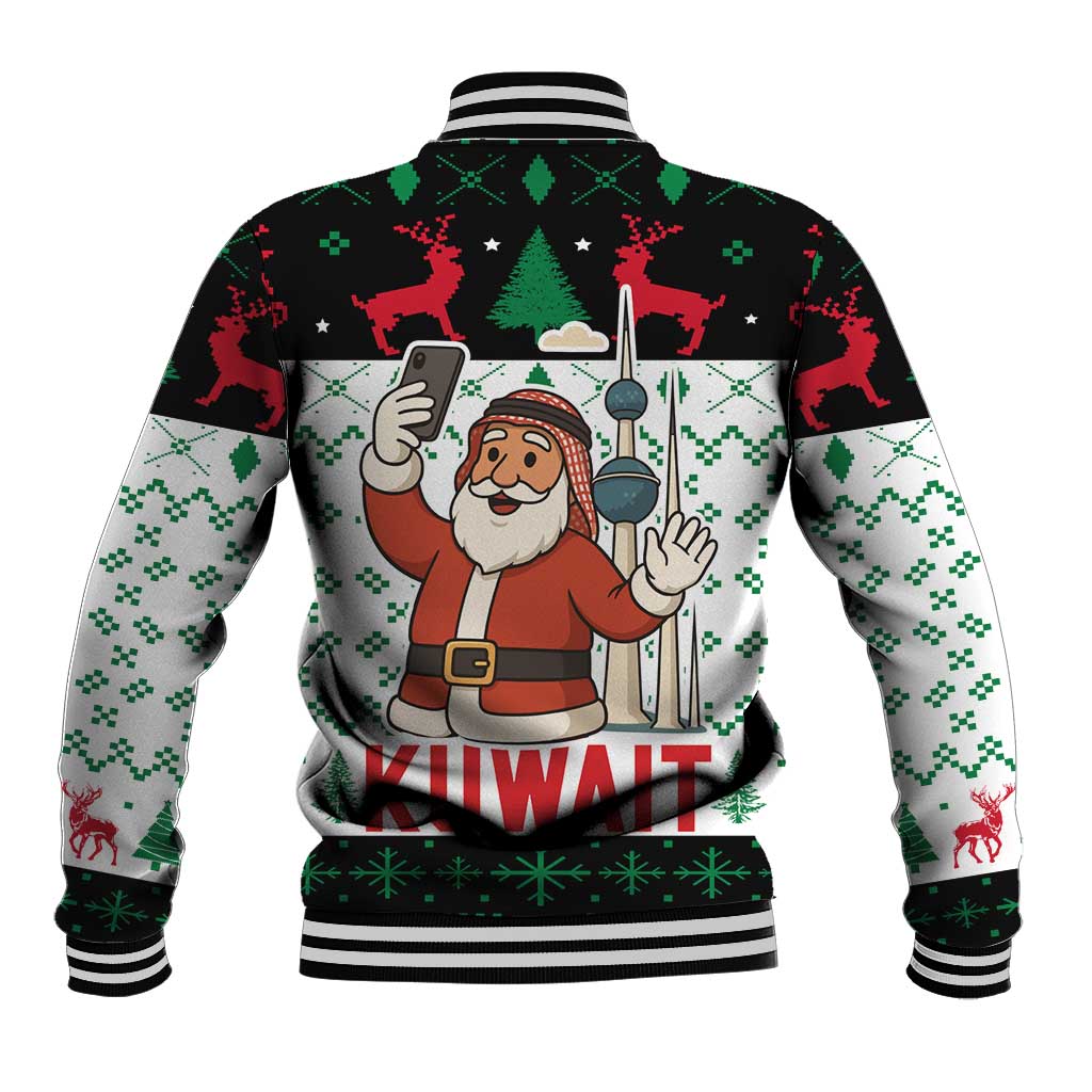 Kuwait Christmas Baseball Jacket with Santa Taking Selfie Kuwait Towers Reindeer and Snowflake - Wonder Print Shop