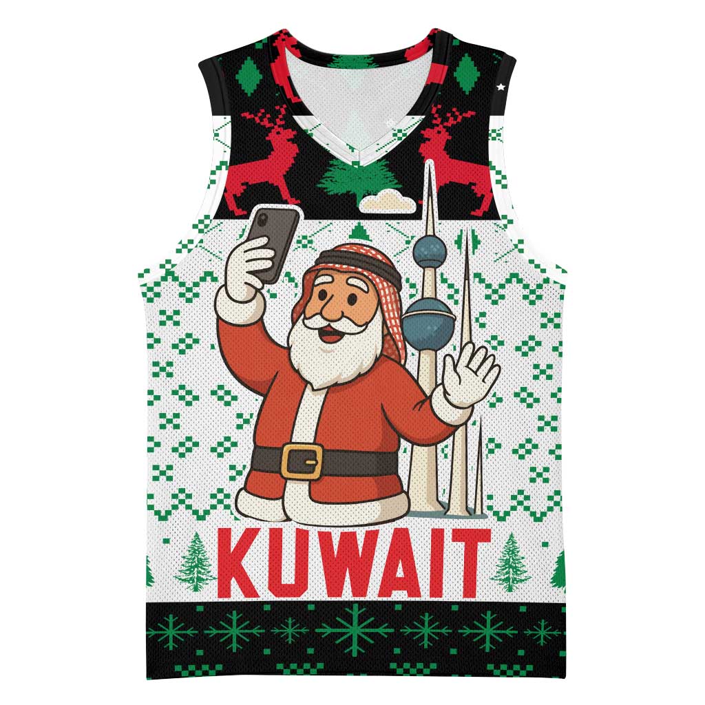 Kuwait Christmas Basketball Jersey with Santa Taking Selfie Kuwait Towers Reindeer and Snowflake - Wonder Print Shop