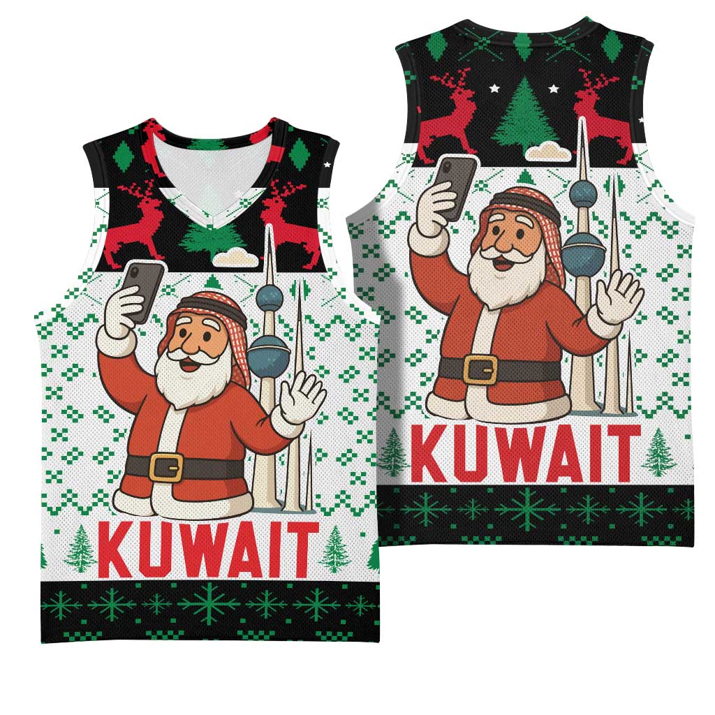 Kuwait Christmas Basketball Jersey with Santa Taking Selfie Kuwait Towers Reindeer and Snowflake - Wonder Print Shop
