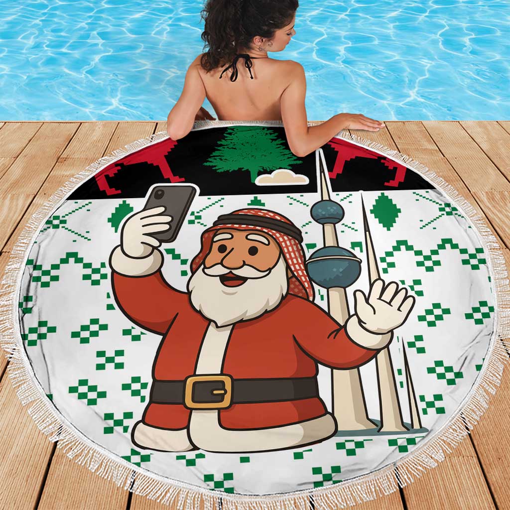 Kuwait Christmas Beach Blanket with Santa Taking Selfie Kuwait Towers Reindeer and Snowflake - Wonder Print Shop