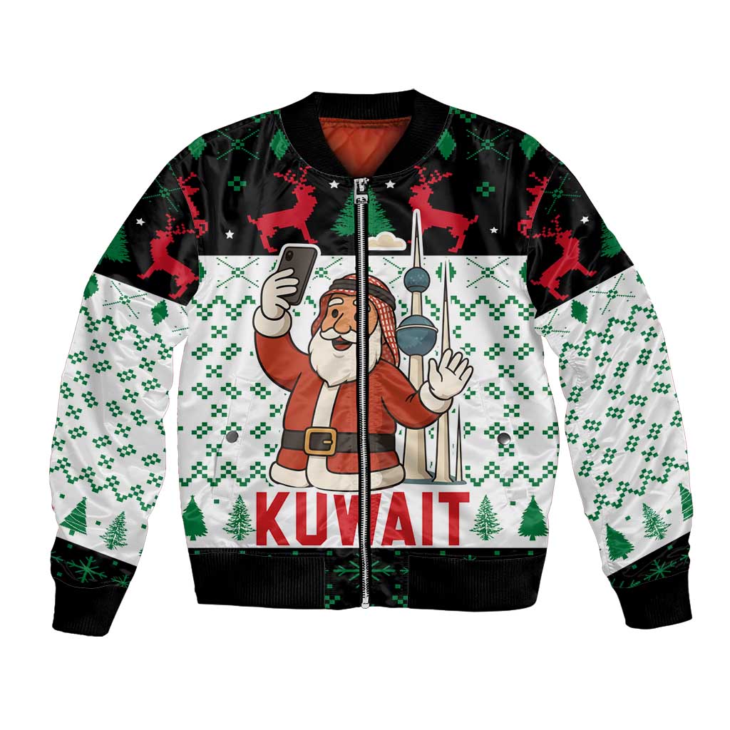 Kuwait Christmas Bomber Jacket with Santa Taking Selfie Kuwait Towers Reindeer and Snowflake - Wonder Print Shop