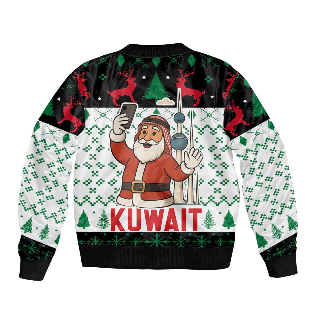 Kuwait Christmas Bomber Jacket with Santa Taking Selfie Kuwait Towers Reindeer and Snowflake - Wonder Print Shop