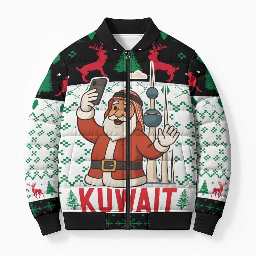Kuwait Christmas Bomber Puffer Jacket with Santa Taking Selfie Kuwait Towers Reindeer and Snowflake - Wonder Print Shop