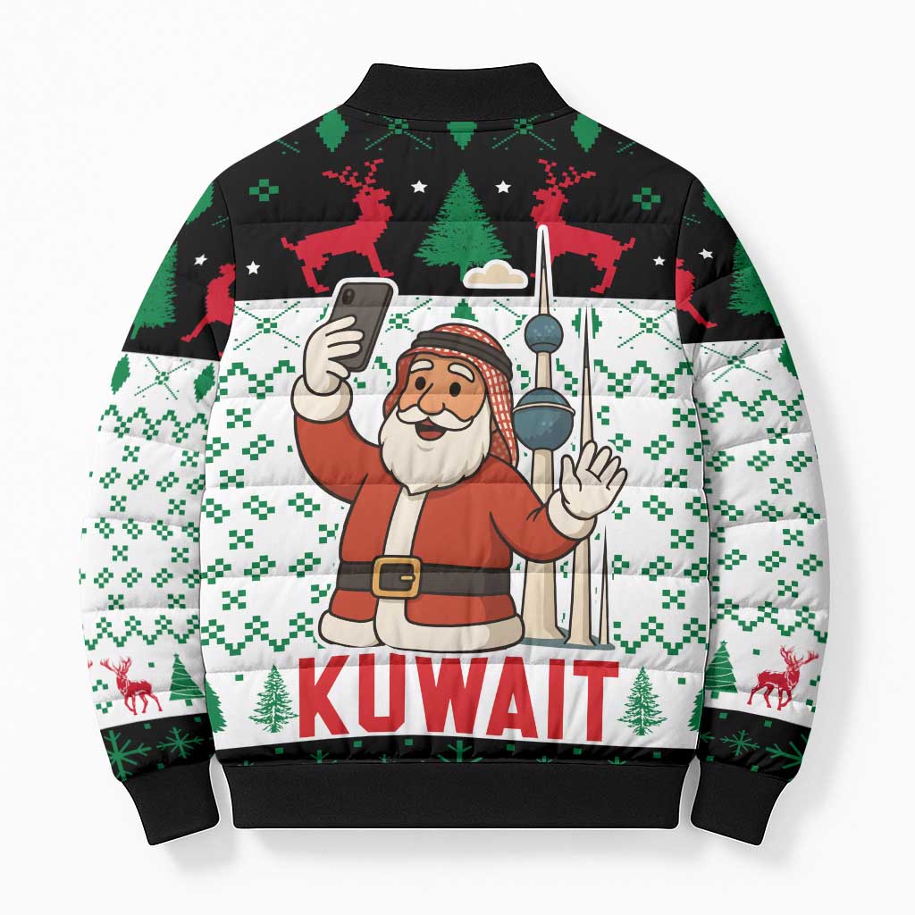 Kuwait Christmas Bomber Puffer Jacket with Santa Taking Selfie Kuwait Towers Reindeer and Snowflake - Wonder Print Shop