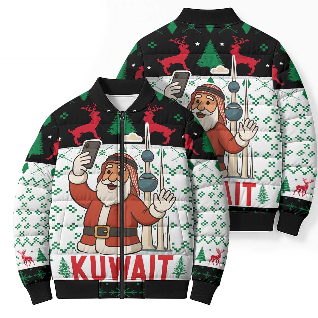Kuwait Christmas Bomber Puffer Jacket with Santa Taking Selfie Kuwait Towers Reindeer and Snowflake - Wonder Print Shop