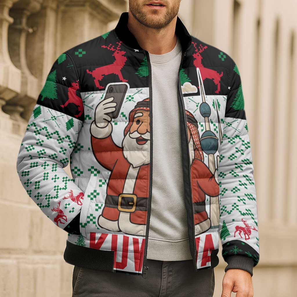 Kuwait Christmas Bomber Puffer Jacket with Santa Taking Selfie Kuwait Towers Reindeer and Snowflake - Wonder Print Shop