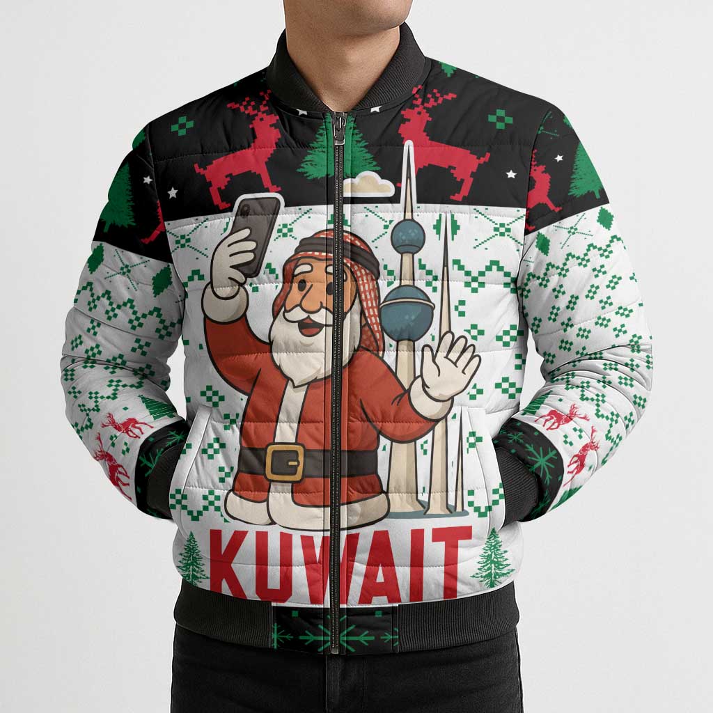 Kuwait Christmas Bomber Puffer Jacket with Santa Taking Selfie Kuwait Towers Reindeer and Snowflake - Wonder Print Shop