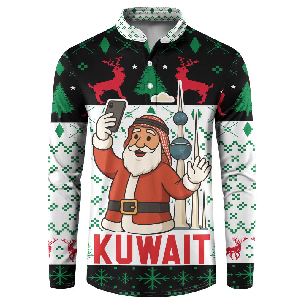 Kuwait Christmas Button Sweatshirt with Santa Taking Selfie Kuwait Towers Reindeer and Snowflake - Wonder Print Shop