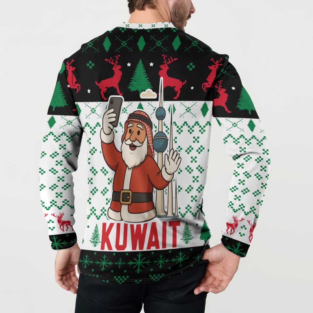 Kuwait Christmas Button Sweatshirt with Santa Taking Selfie Kuwait Towers Reindeer and Snowflake - Wonder Print Shop