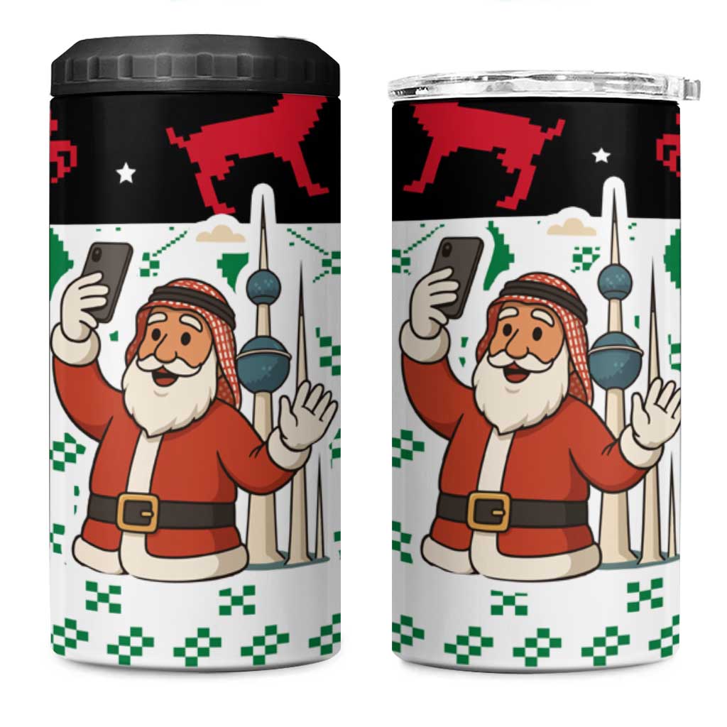 Kuwait Christmas 4 in 1 Can Cooler Tumbler with Santa Taking Selfie Kuwait Towers Reindeer and Snowflake - Wonder Print Shop