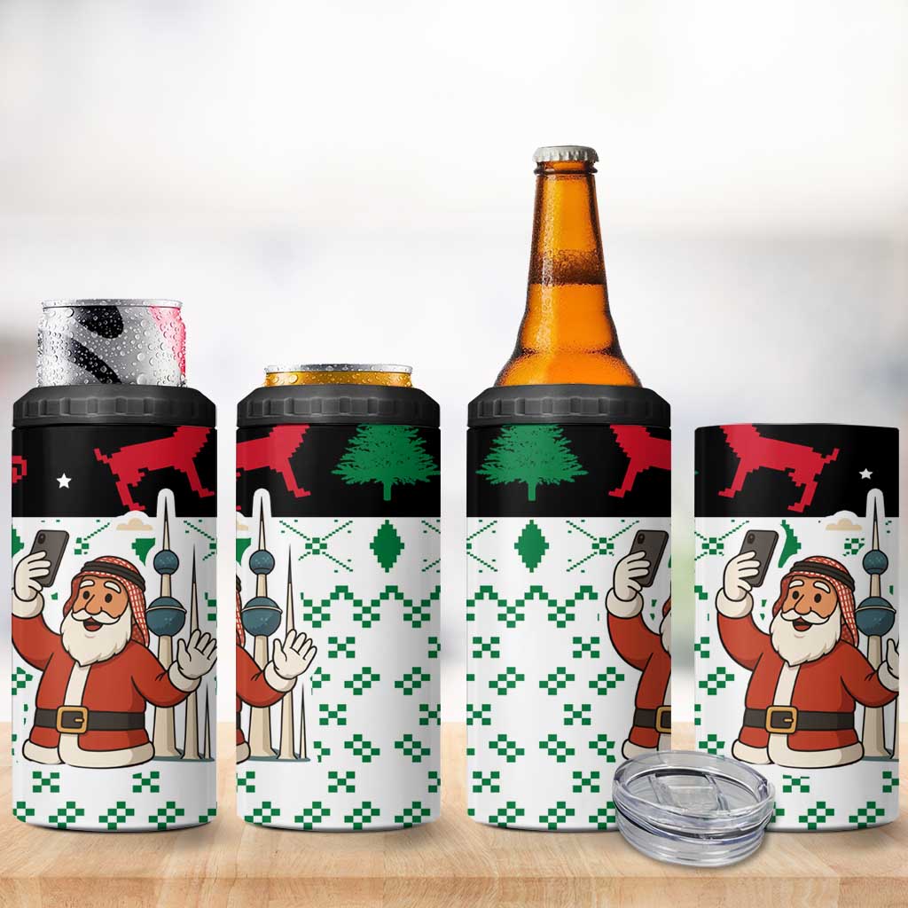 Kuwait Christmas 4 in 1 Can Cooler Tumbler with Santa Taking Selfie Kuwait Towers Reindeer and Snowflake - Wonder Print Shop