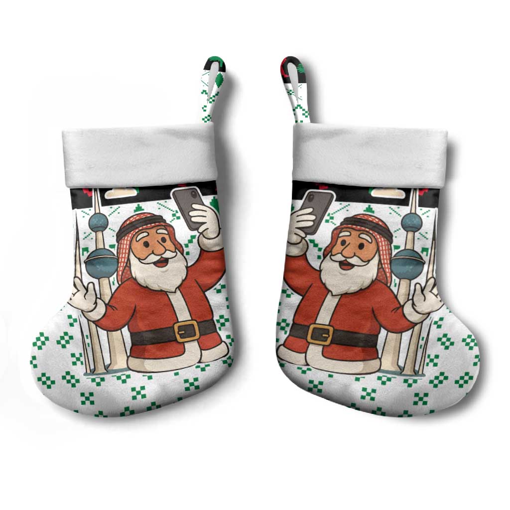 Kuwait Christmas Stocking with Santa Taking Selfie Kuwait Towers Reindeer and Snowflake - Wonder Print Shop