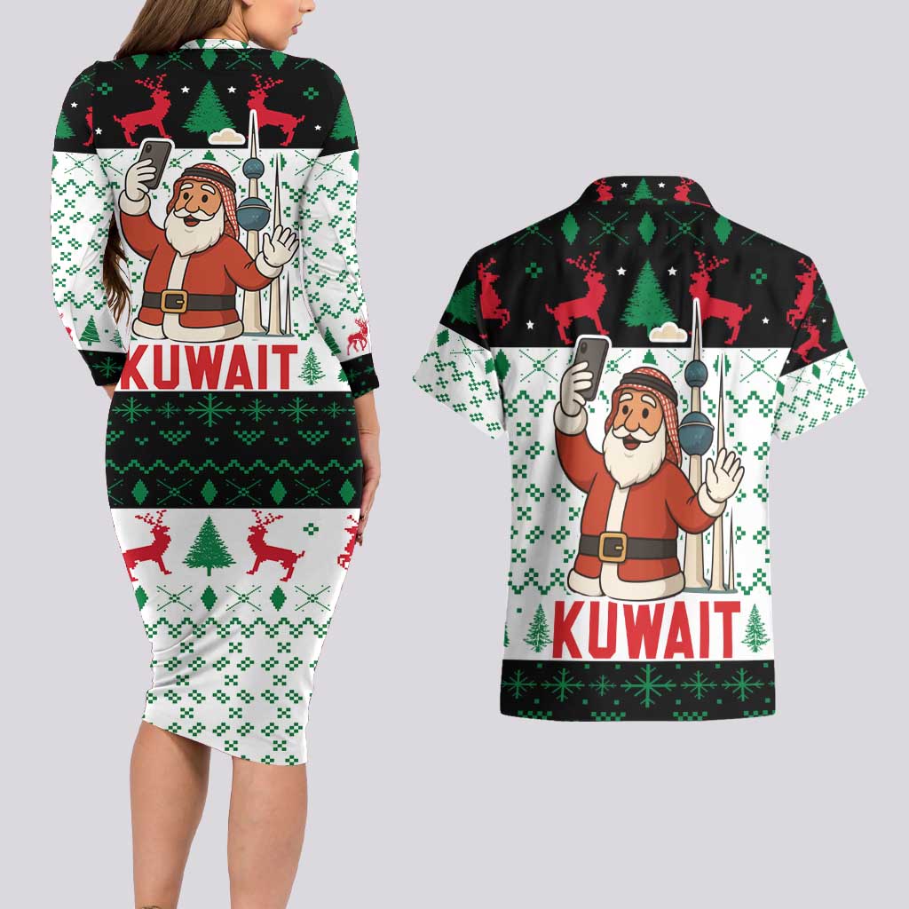 Kuwait Christmas Couples Matching Long Sleeve Bodycon Dress and Hawaiian Shirt with Santa Taking Selfie Kuwait Towers Reindeer and Snowflake - Wonder Print Shop