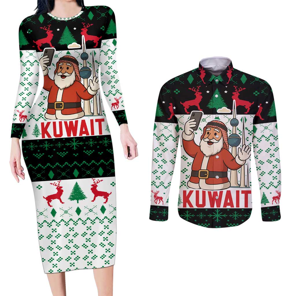 Kuwait Christmas Couples Matching Long Sleeve Bodycon Dress and Long Sleeve Button Shirt with Santa Taking Selfie Kuwait Towers Reindeer and Snowflake - Wonder Print Shop