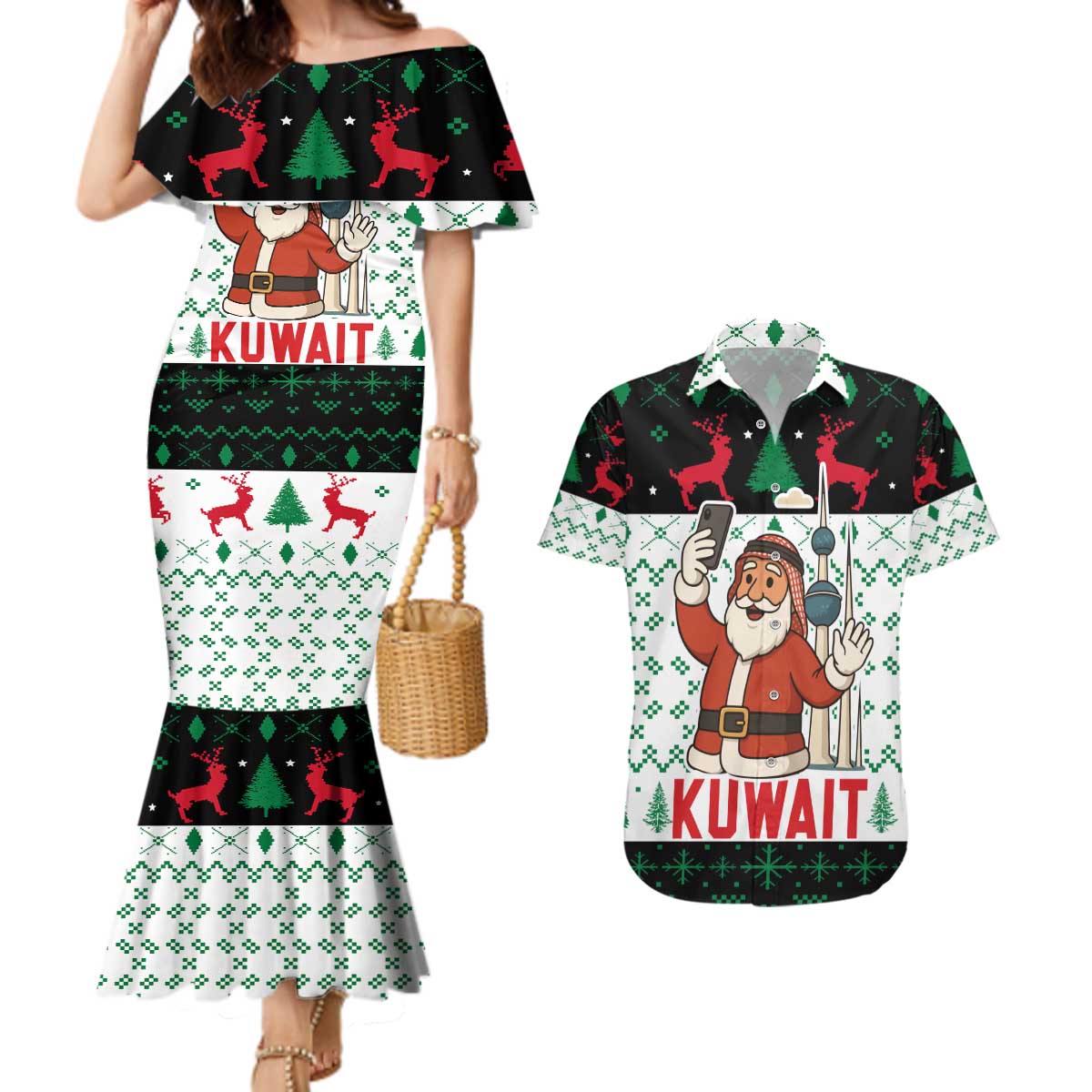 Kuwait Christmas Couples Matching Mermaid Dress and Hawaiian Shirt with Santa Taking Selfie Kuwait Towers Reindeer and Snowflake - Wonder Print Shop