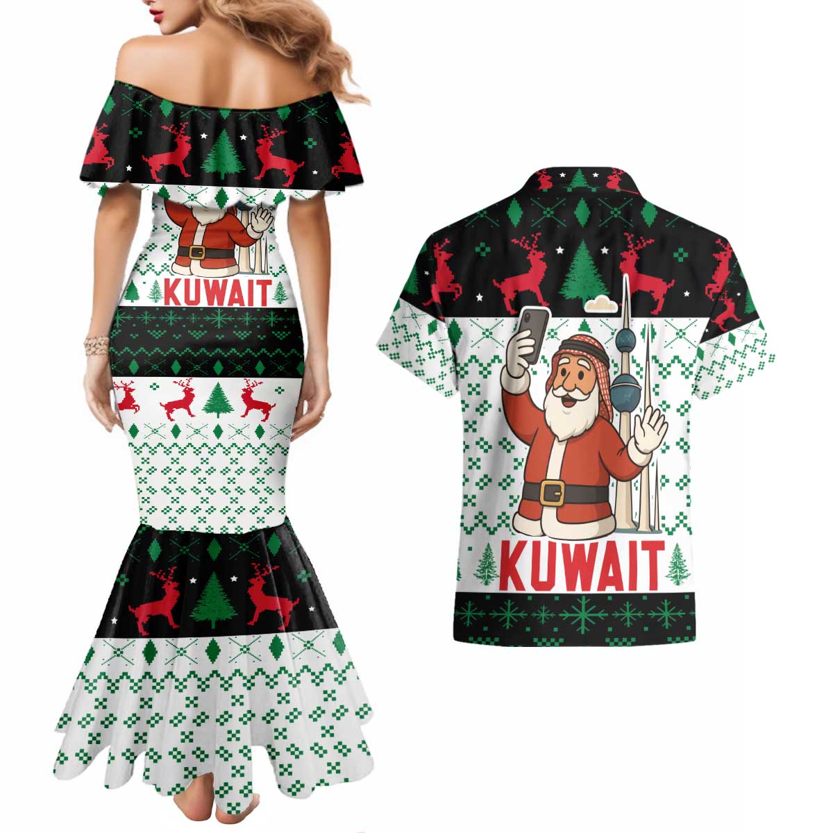 Kuwait Christmas Couples Matching Mermaid Dress and Hawaiian Shirt with Santa Taking Selfie Kuwait Towers Reindeer and Snowflake - Wonder Print Shop