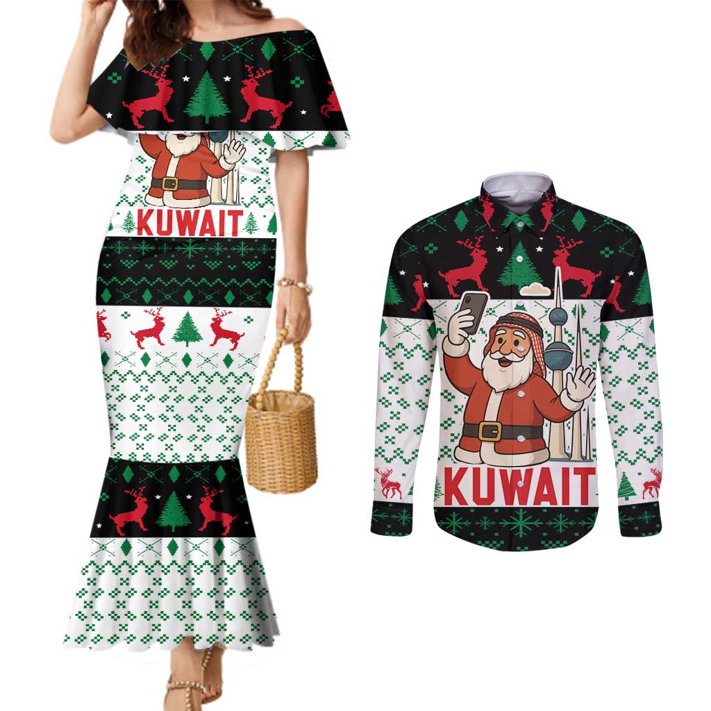 Kuwait Christmas Couples Matching Mermaid Dress and Long Sleeve Button Shirt with Santa Taking Selfie Kuwait Towers Reindeer and Snowflake - Wonder Print Shop