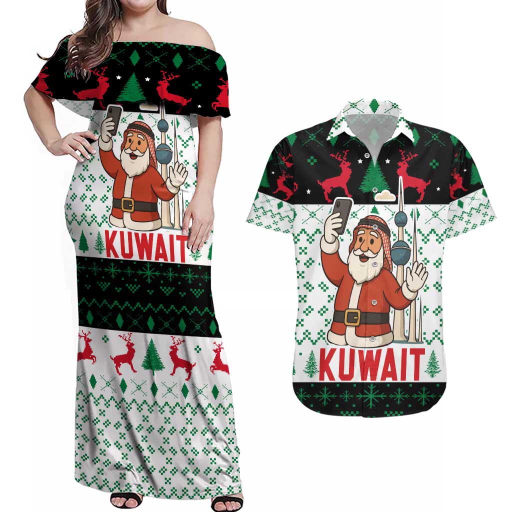 Kuwait Christmas Couples Matching Off Shoulder Maxi Dress and Hawaiian Shirt with Santa Taking Selfie Kuwait Towers Reindeer and Snowflake - Wonder Print Shop
