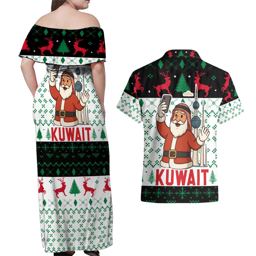 Kuwait Christmas Couples Matching Off Shoulder Maxi Dress and Hawaiian Shirt with Santa Taking Selfie Kuwait Towers Reindeer and Snowflake - Wonder Print Shop