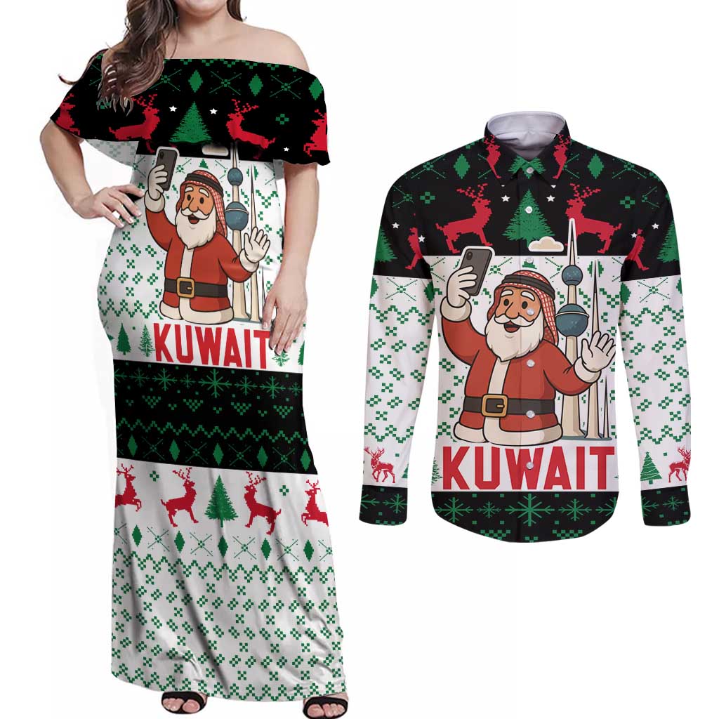 Kuwait Christmas Couples Matching Off Shoulder Maxi Dress and Long Sleeve Button Shirt with Santa Taking Selfie Kuwait Towers Reindeer and Snowflake - Wonder Print Shop