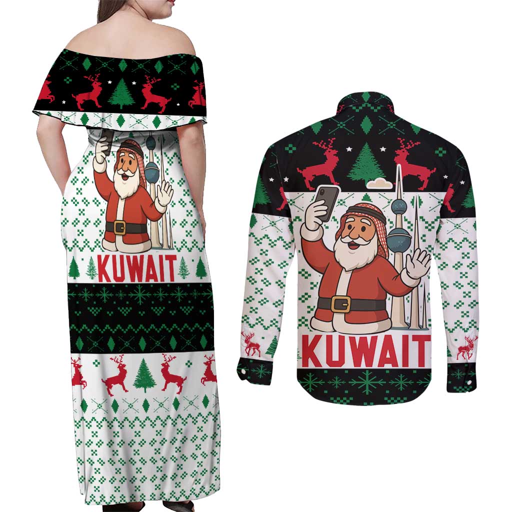 Kuwait Christmas Couples Matching Off Shoulder Maxi Dress and Long Sleeve Button Shirt with Santa Taking Selfie Kuwait Towers Reindeer and Snowflake - Wonder Print Shop