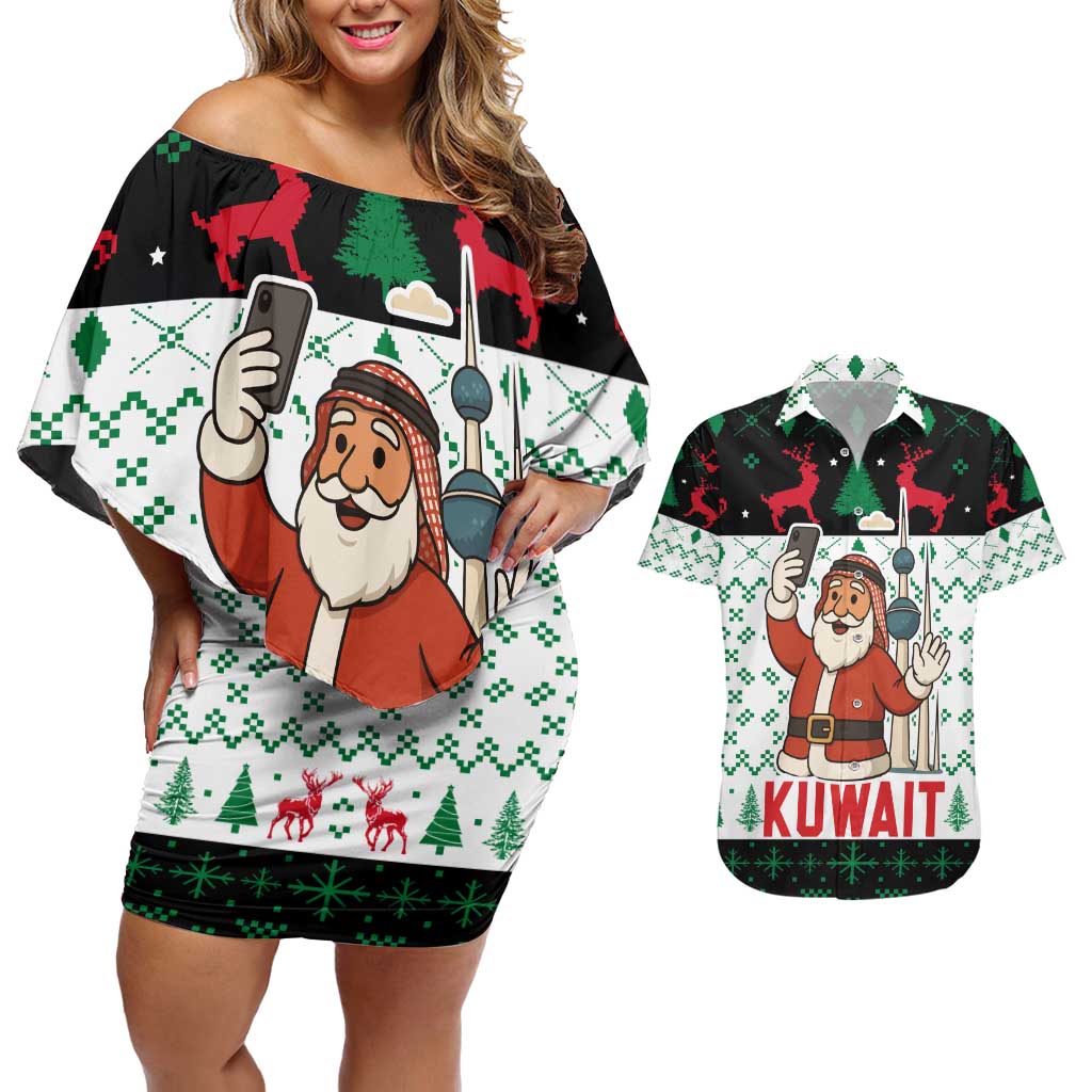 Kuwait Christmas Couples Matching Off Shoulder Short Dress and Hawaiian Shirt with Santa Taking Selfie Kuwait Towers Reindeer and Snowflake - Wonder Print Shop
