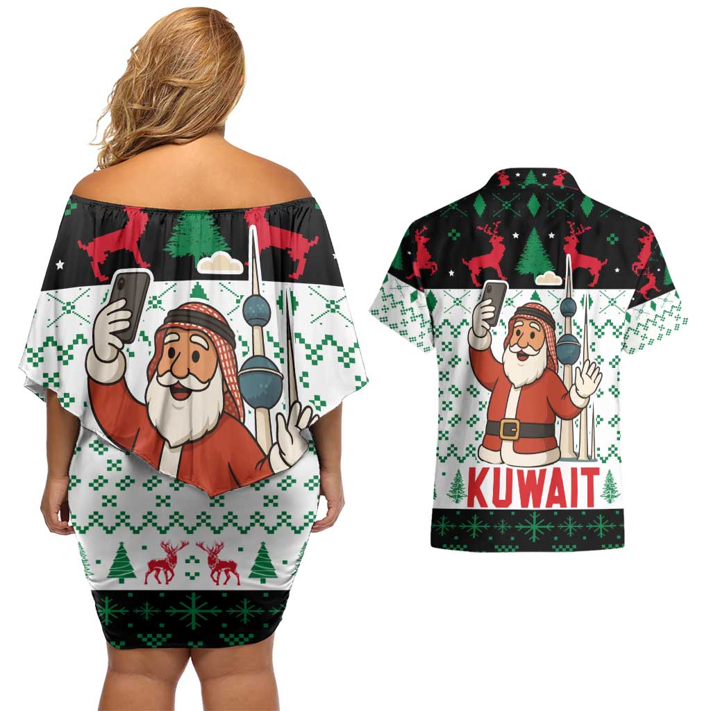 Kuwait Christmas Couples Matching Off Shoulder Short Dress and Hawaiian Shirt with Santa Taking Selfie Kuwait Towers Reindeer and Snowflake - Wonder Print Shop