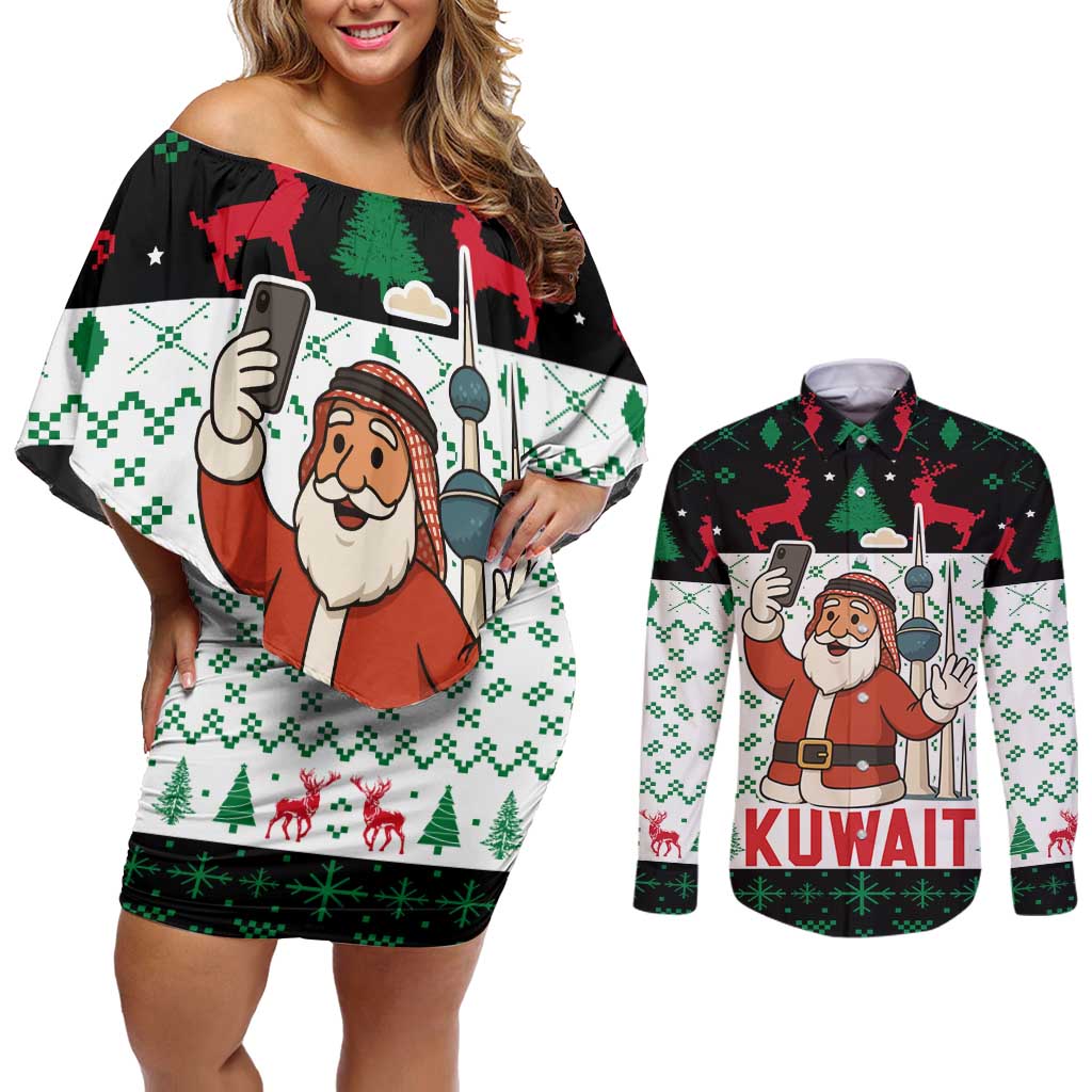 Kuwait Christmas Couples Matching Off Shoulder Short Dress and Long Sleeve Button Shirt with Santa Taking Selfie Kuwait Towers Reindeer and Snowflake - Wonder Print Shop