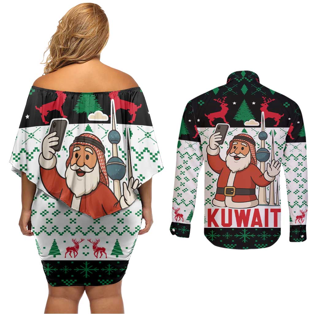 Kuwait Christmas Couples Matching Off Shoulder Short Dress and Long Sleeve Button Shirt with Santa Taking Selfie Kuwait Towers Reindeer and Snowflake - Wonder Print Shop