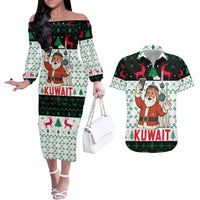 Kuwait Christmas Couples Matching Off The Shoulder Long Sleeve Dress and Hawaiian Shirt with Santa Taking Selfie Kuwait Towers Reindeer and Snowflake - Wonder Print Shop