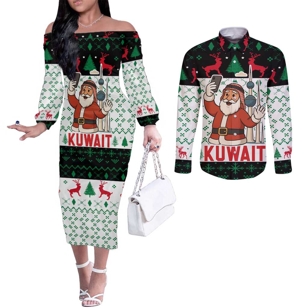 Kuwait Christmas Couples Matching Off The Shoulder Long Sleeve Dress and Long Sleeve Button Shirt with Santa Taking Selfie Kuwait Towers Reindeer and Snowflake - Wonder Print Shop