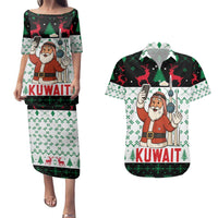 Kuwait Christmas Couples Matching Puletasi and Hawaiian Shirt with Santa Taking Selfie Kuwait Towers Reindeer and Snowflake - Wonder Print Shop
