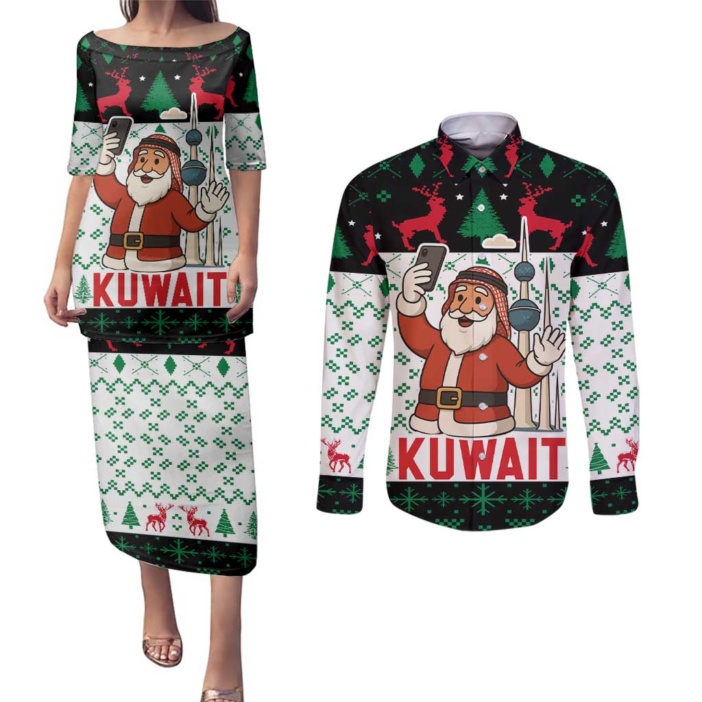 Kuwait Christmas Couples Matching Puletasi and Long Sleeve Button Shirt with Santa Taking Selfie Kuwait Towers Reindeer and Snowflake - Wonder Print Shop