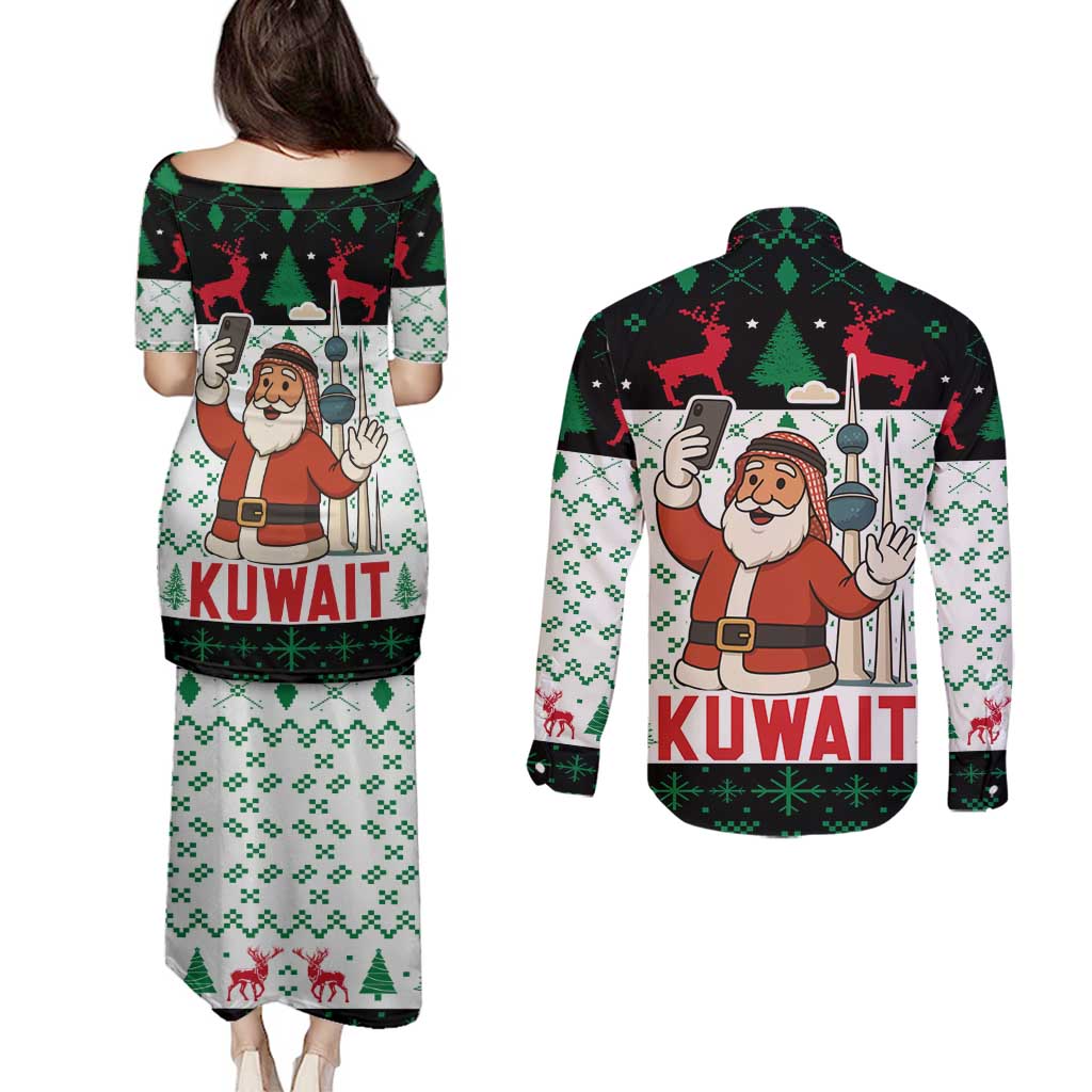 Kuwait Christmas Couples Matching Puletasi and Long Sleeve Button Shirt with Santa Taking Selfie Kuwait Towers Reindeer and Snowflake - Wonder Print Shop