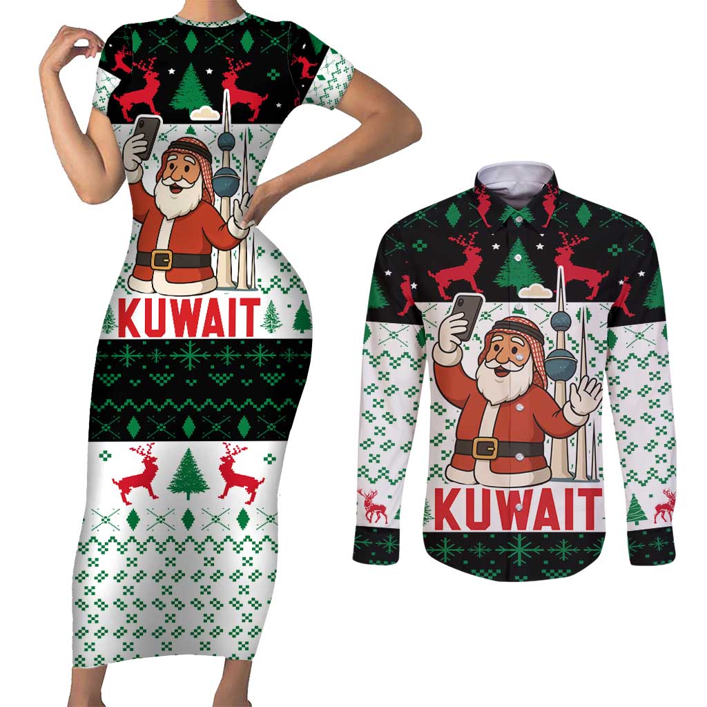 Kuwait Christmas Couples Matching Short Sleeve Bodycon Dress and Long Sleeve Button Shirt with Santa Taking Selfie Kuwait Towers Reindeer and Snowflake - Wonder Print Shop