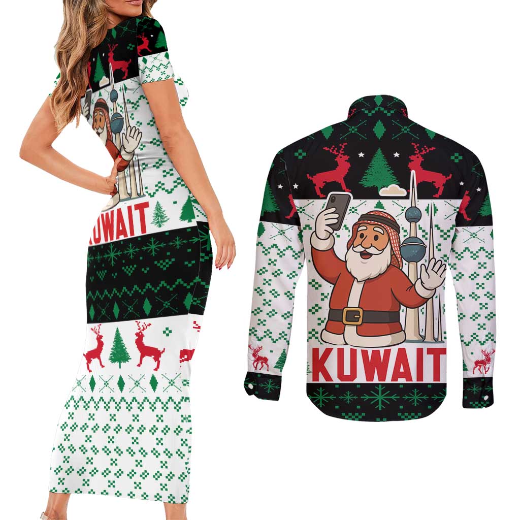 Kuwait Christmas Couples Matching Short Sleeve Bodycon Dress and Long Sleeve Button Shirt with Santa Taking Selfie Kuwait Towers Reindeer and Snowflake - Wonder Print Shop