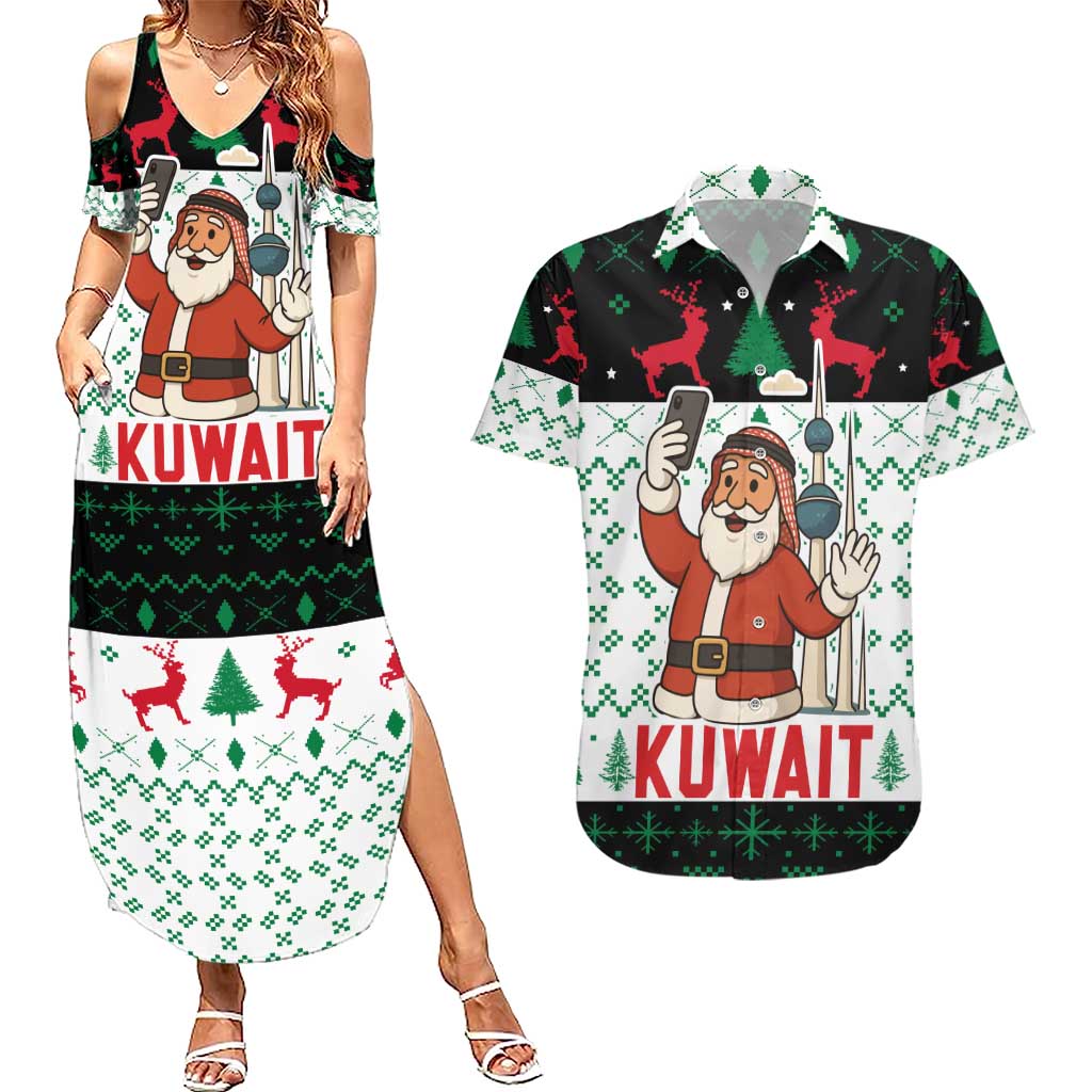 Kuwait Christmas Couples Matching Summer Maxi Dress and Hawaiian Shirt with Santa Taking Selfie Kuwait Towers Reindeer and Snowflake - Wonder Print Shop