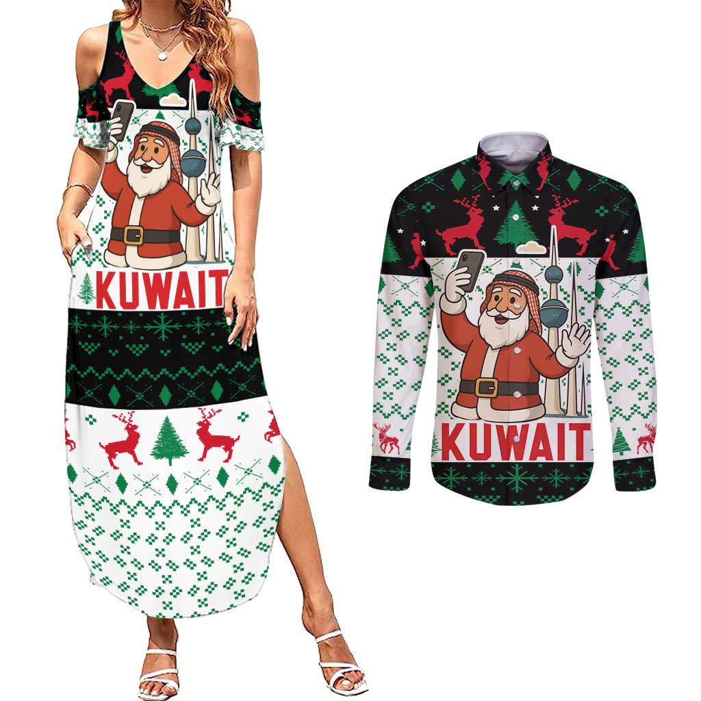 Kuwait Christmas Couples Matching Summer Maxi Dress and Long Sleeve Button Shirt with Santa Taking Selfie Kuwait Towers Reindeer and Snowflake - Wonder Print Shop